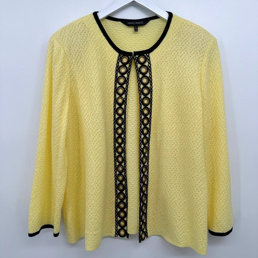 Ming Wang Cardigan Jacket Large Knit 3/4 Sleeve Shoulder Pads Office Career Boho